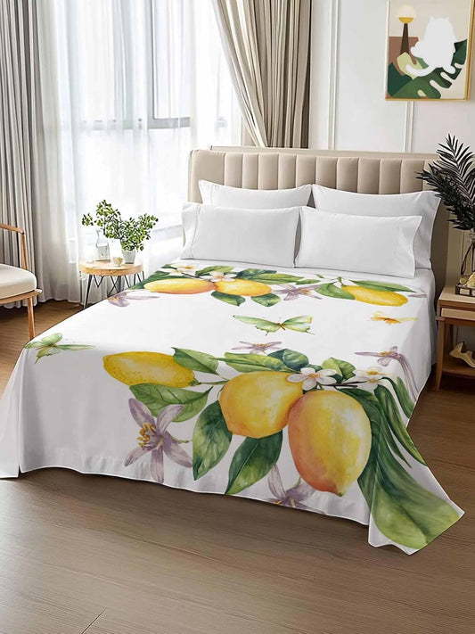 Twin Flat Sheet Only,Vintage Farm Lemon Flowers Top Sheet Breathable Soft Brushed Polyester Microfiber Bed Sheets,Yellow Fruit Butterfly Floral Hotel Luxury Bedding Sheets for Women,Men,Teens