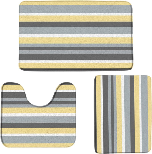 3 Piece Set Yellow Gray Bath Mat Modern Geometric Striped Contemporary Simple Fashion Boho Bathroom Rugs Toilet Bedroom Laundry Kitchen Doormat