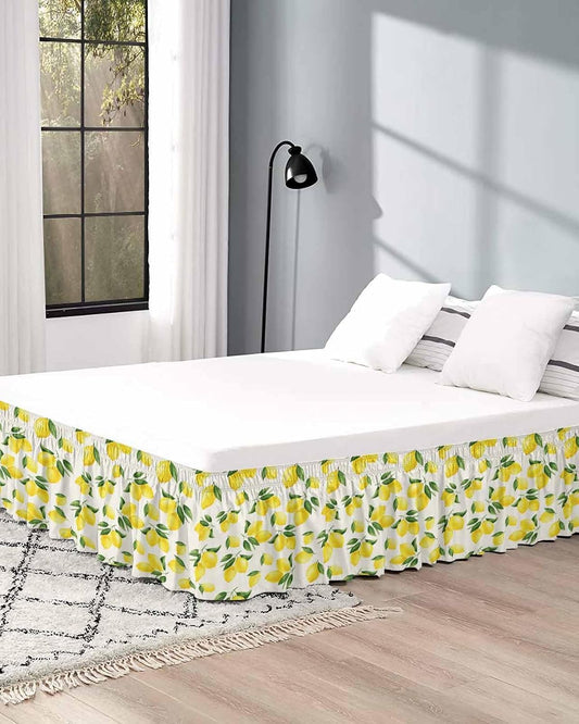 Yellow Lemons Bed Skirt Queen Size 16 Inch Drop, Adjustable Elastic Wrap Around Bed Skirts Easy Fitting Dust Ruffle Bedskirt Bed Frame Cover Summer Citrus Fruits Leaves Country Vintage