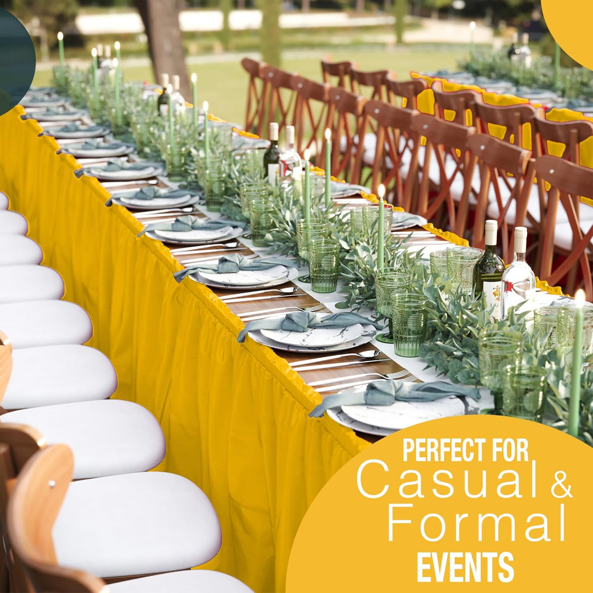 Yellow Table Skirt 6 Pack - Disposable Plastic Table Skirts for Rectangle Tables 6ft 8ft & Round Tables - 29in x 14ft Self-Adhesive Strip - Birthday Wedding Gender Reveal Decor