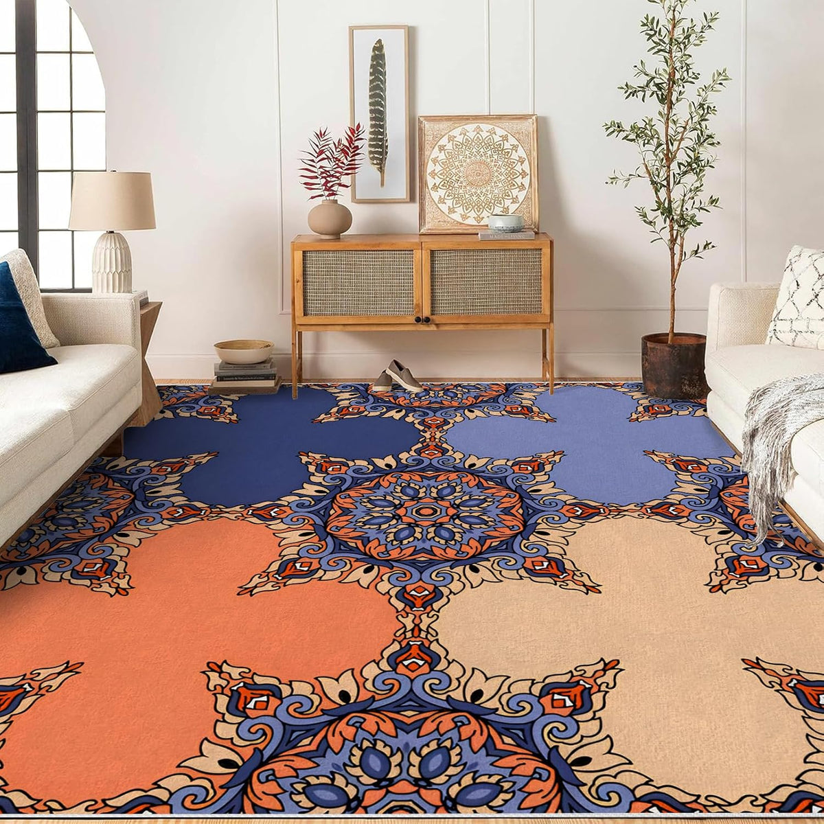 3×5ft Modern Geometric Area Rug - Non Slip Low Pile Polyester Rug for Living Room,Bedroom,Office Simple,Machine Washable Geometric Design Carpet Light Yellow
