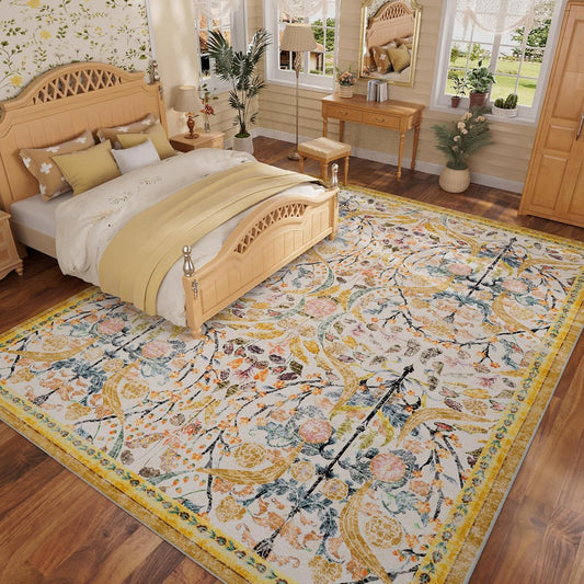 8x10 Washable Area Rugs for Living Room, Non-Slip&Non-Shedding Large Soft Boho Floral Vintage Print Carpet for Bedroom Dining Room Farmhouse Nursery Kids Room Home Office, Golden Yellow