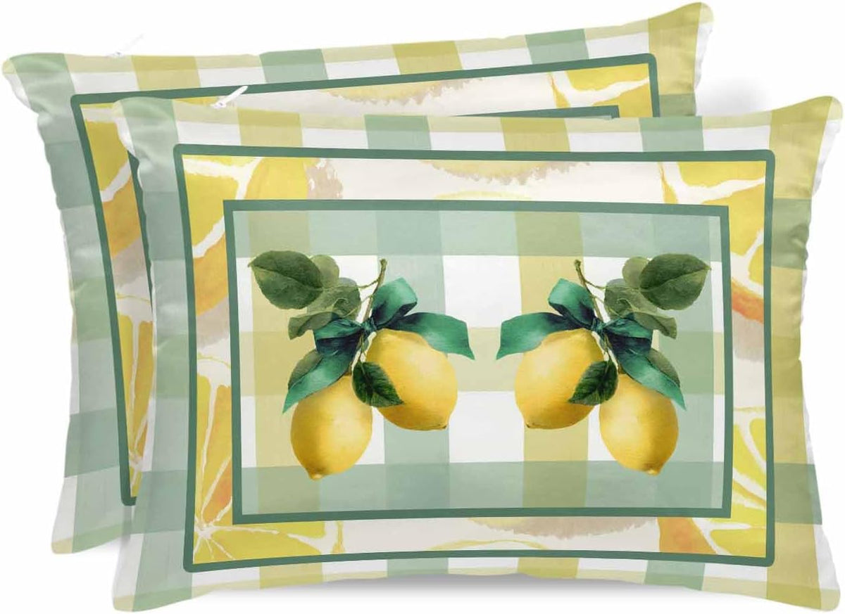 Lemon Pillow Cases Standard Size Set of 2, Satin Pillowcase for Hair and Skin, Botanical Fruit Leaves Bow Yellow Green Striped Throw Pillow Covers Cooling Pillow Protector with Zipper 20"x26"x2