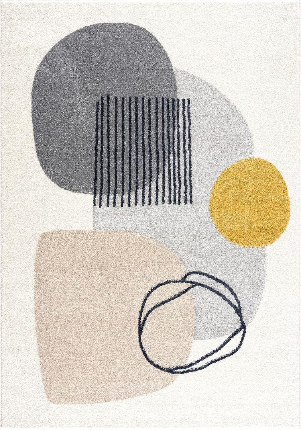 Rugs Cream and Gray 4 ft. X 6 ft. Mid-Century Rug with Circles and Lines. Neutral Tones of Cream, Gray and a pop of Yellow. Minimalistic Design Turkish Stain Resistant Area Rug.