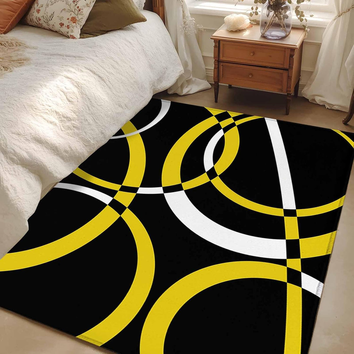 4x6 Modern Abstract Art Area Rug for Living Room Bedroom, Machine Washable Non Slip Indoor Rug Yellow White Geometric Circle Soft Low Profile Floor Carpet for Dining Room Office Home Decor