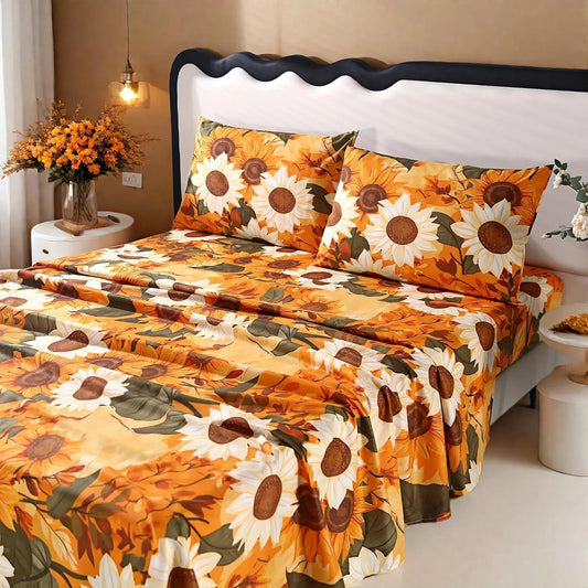 4Pcs Floral Queen Size Bed Sheets,Floral Microfiber Bedding Sheet Sets,Boho Yellow Sunflowers Pattern,included 1 Fitted Sheet 14''Deep Pocket + 1 Flat Sheet + 2 Pillowcases,Breathable and Wrinkle.