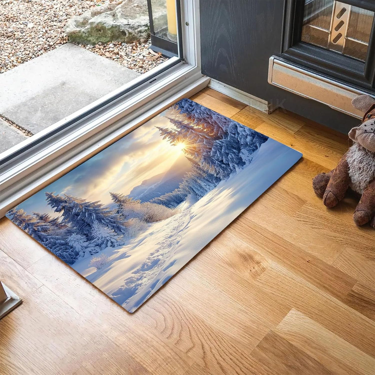 Washable Sunshine Over The Pine Mountains Area Rug Non-Slip Soft Winter Snow Scene Yellow Blue Print Floor Mats - for Bathroom Hallway Entrance Entryway Indoor Doormats