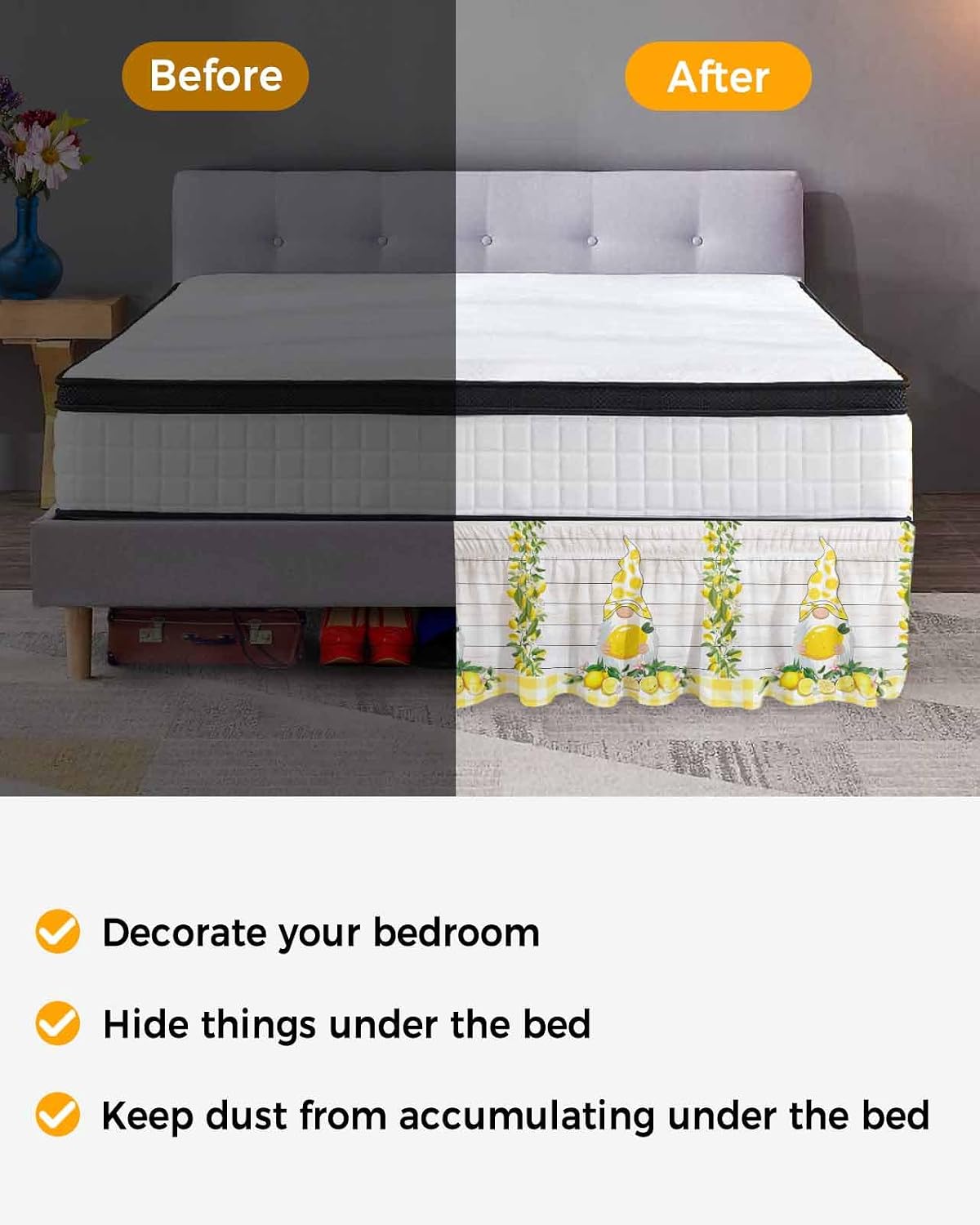 Lemon Gnomes Bed Skirt Queen Size 16 Inch Drop, Adjustable Elastic Wrap Around Bed Skirts Easy Fitting Dust Ruffle Bedskirt Bed Frame Cover Summer Country Yellow Fruit Wooden Plaid
