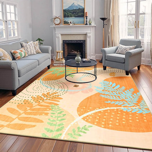 Faux Wool Boho Floral Area Rug 4x6, Modern Yellow Abstract Print Soft Carpet, TPR Non-Slip Backing, Machine Washable Low Pile Rug for Bedroom, Living Room, Kids Room, Playroom, Office