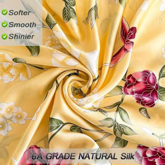 100% Pure Mulberry Silk Pillowcase Standard Size for Hair and Skin,Yellow Real Silk Pillow Cases with Zipper,Soft and Cooling,Both Sides Natural Slip Silk,Floral Print,1pc(20"x26", Pattern5)