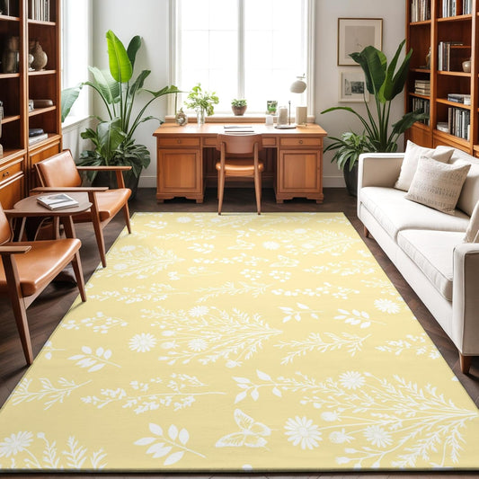 3'x5' Rug for Living Room Bedroom, Light Yellow Botanical Washable Area Rugs Non-Slip Carpet Mats, Spring Summer Chic Wildflowers Indoor Low Pile Area Rug Runner for Kitchen, Mudroom