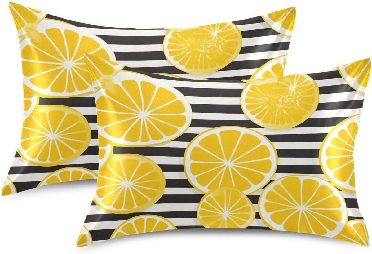 Yellow Lemon Striped Satin Pillowcase for Hair and Skin Body Bed Pillow Cases Standard Size 20"X26" Pillowcase Pillow Covers with Envelope Closure for Women Men