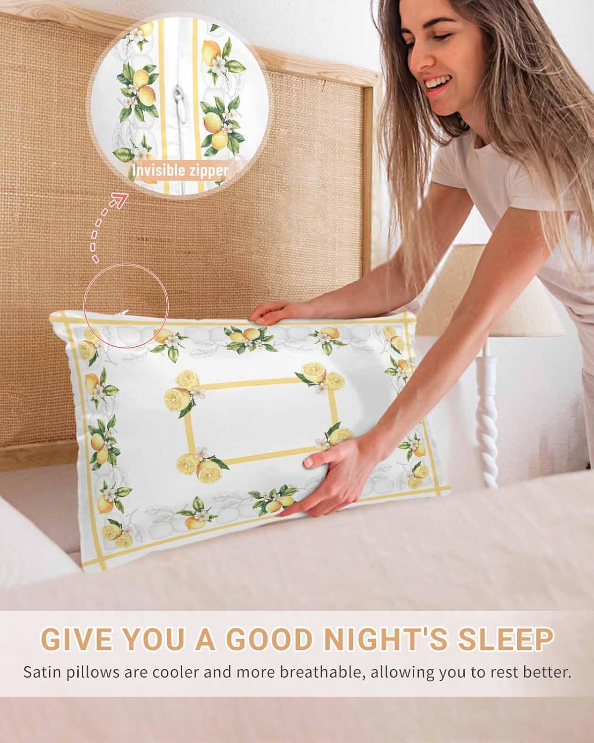 Rustic Lemon Satin Pillowcase for Hair and Skin 20" x 26" Lemon Leaves and Flowers Satin Pillow Cases with Invisible Zipper Yellow Stripe Smooth Cooling Wrinkle-Free Pillow Covers for Bedroom 2 Pcs