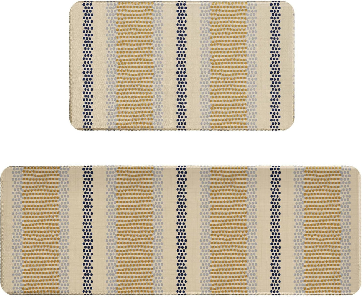Boho Kitchen Rugs Set of 2 Blue Yellow Polka Dots Striped Print Modern Kitchen Mats for Floor Non Slip Neutral Farmhouse Kitchen Decor Runner Rugs, 17x47 inch and 17x30 inch