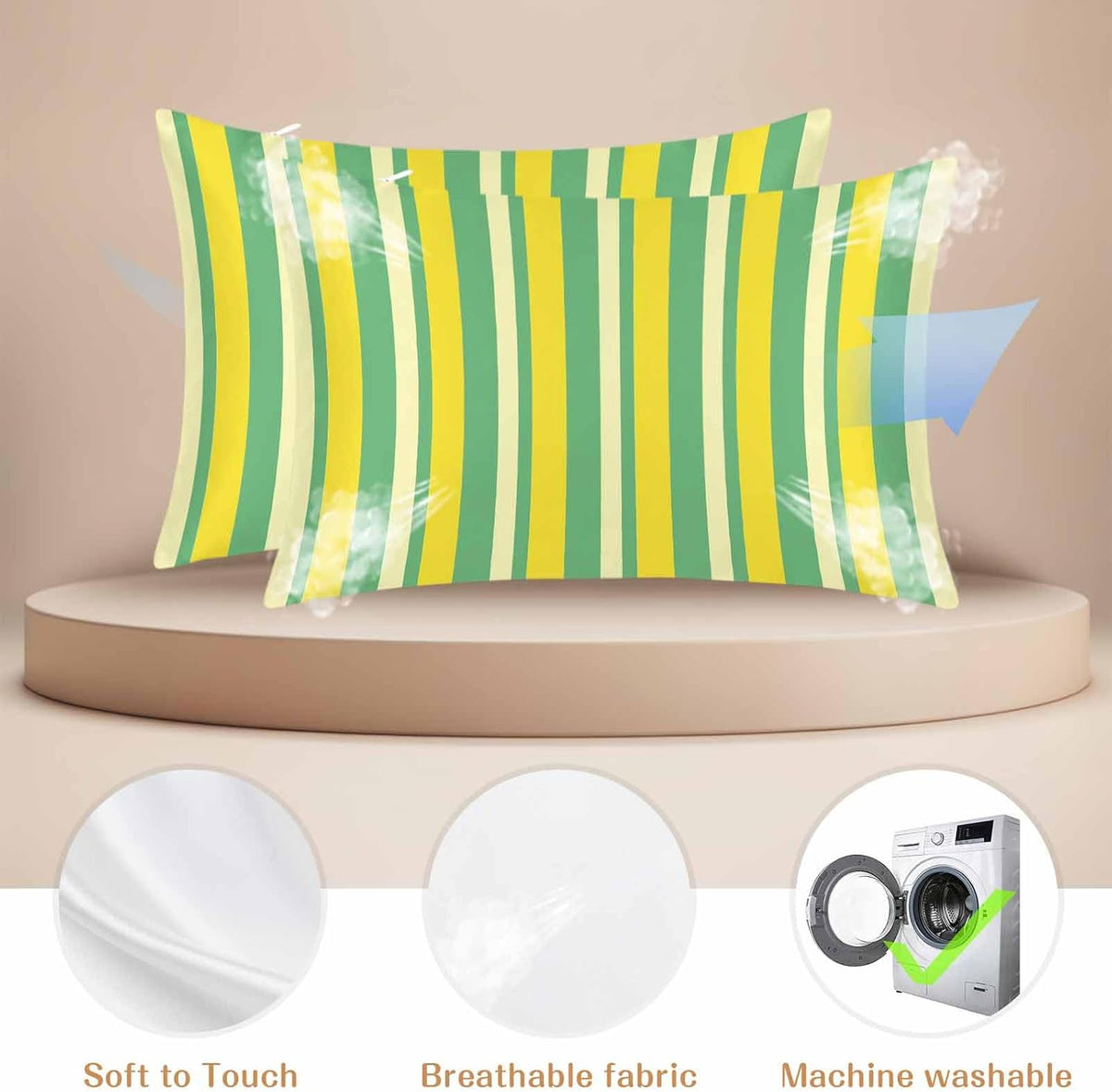 Lemon Green Yellow Pillow Cases Standard Size Set of 2, Summer Modern Farmhouse Striped Satin Pillowcase with Zipper for Hair/Skin, Decorative Pillow Covers for Bed/Couch/Sofa, 20x26 Inches
