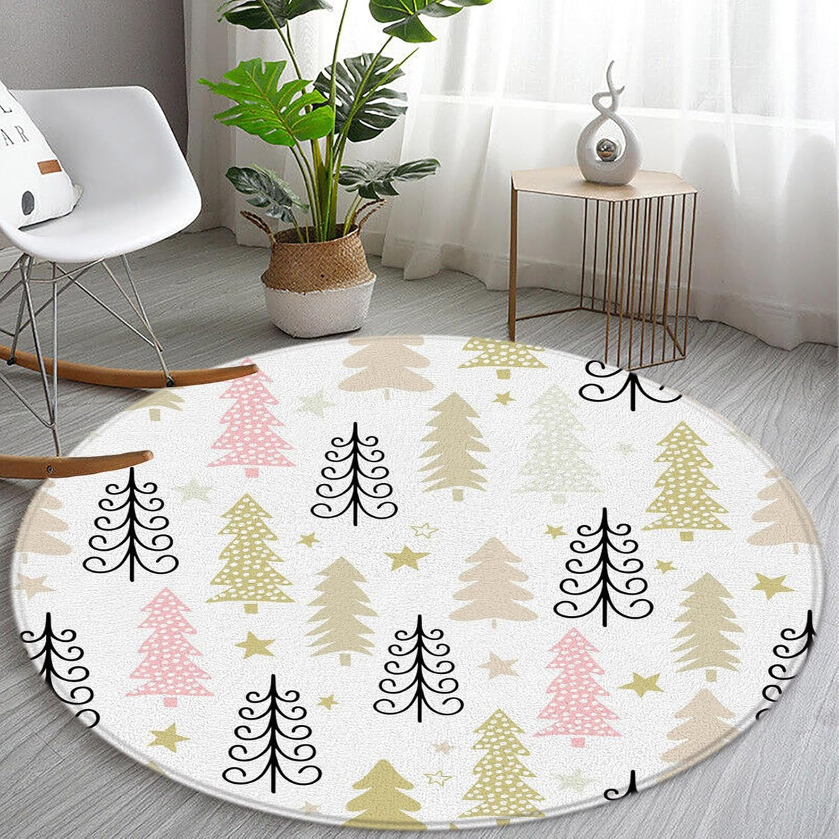 Merry Christmas Round Area Rug Christmas Tree Star Pink Yellow Cartoon New Year Winter Holiday for Entryway Living Room Bedroom Home Decor 3ft
