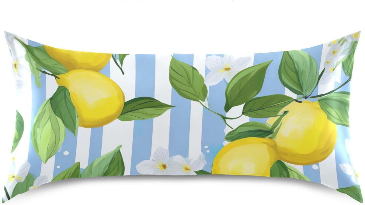 Yellow Lemon Stripe Satin Pillowcase for Hair and Skin Body Body Pillow Cases Standard Size 20"X26" Super Soft Pillow Case with Envelope Closure for Sleeping