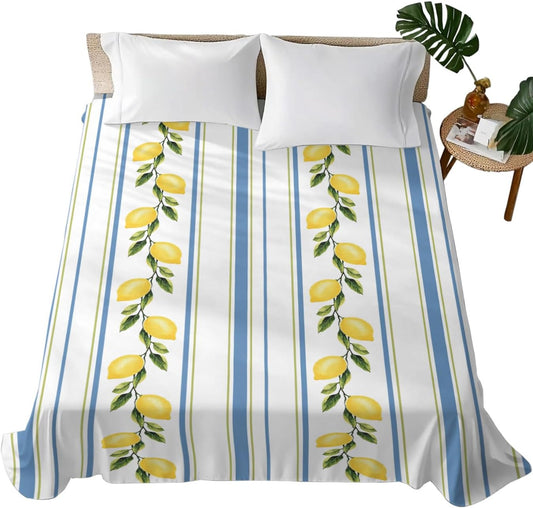 Flat Sheets Queen Size Bedding Sheet,Summer Lemon Leaves Soft Microfiber Breathable Top Sheets for Bedroom Hotel Luxury-1 Bed Flat Sheet Only,Blue Yellow Striped